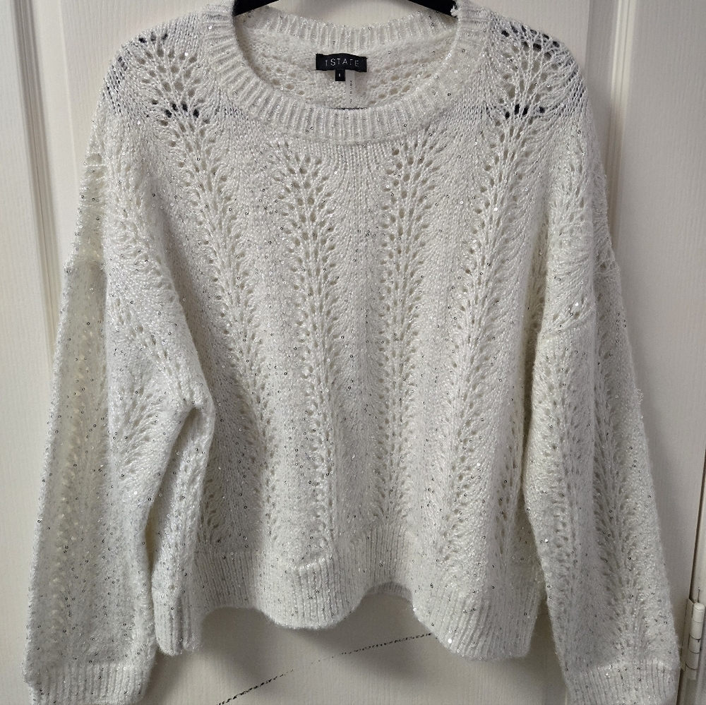 1.State White Pointelle Knit Sweater Women’s Large Sequins NWT Cozy Stylish